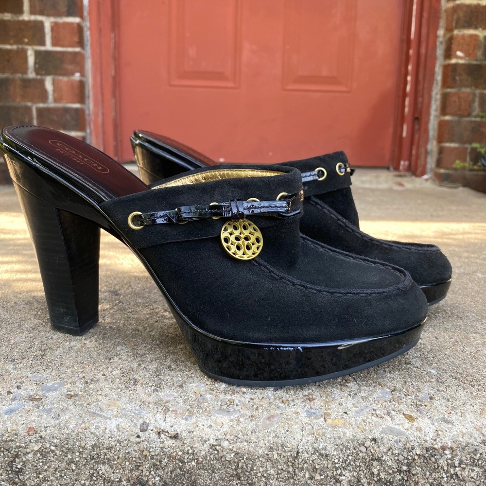 Coach Vickey Black Suede Platform Mules Patent Trim Gold Logo A3822 Womens 10B‎